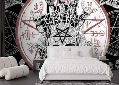 Seamless pattern with evil skull and magic seal with pentagram on black. Wall mural