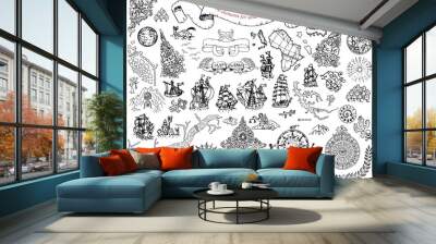 Set with hand drawn elements for treasure hunt and pirate map on white Wall mural