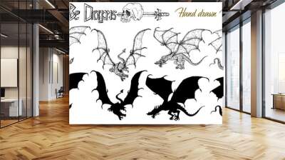 Set with hand drawn realistic detailed dragons and silhouettes on white. Vector sketch of tattoo fantasy concept and t-shirt design. Graphic line art illustration Wall mural