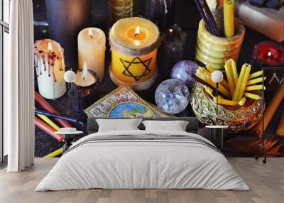 Still life with magic objects, candles and the tarot cards Wall mural