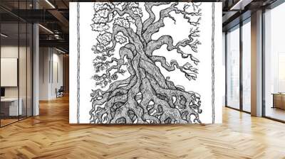 Symbol of four calendar year seasons and old tree. Vector line art mystic illustration. Engraved drawing in gothic style. Occult, esoteric and fantasy concept. Wall mural