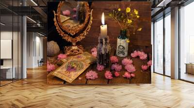 Vintage still life with the tarot cards, flowers and candle Wall mural