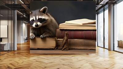 A curious raccoon with black and white fur sits on a stack of vintage books, evoking a sense of mystery and wonder, perfect for a storybook or educational project. 
 Wall mural