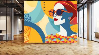 A stylish woman in sunglasses, red hair, and a yellow and blue geometric pattern shirt, summer fashion, vibrant colors, and a carefree attitude. 
 Wall mural