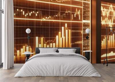 A futuristic financial data visualization using glowing bar charts and graphs. Wall mural