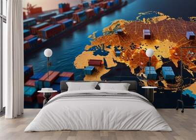 AI technology enhances global logistics for international delivery, using a world map to manage supply chains and container ship networks for export-import  Wall mural