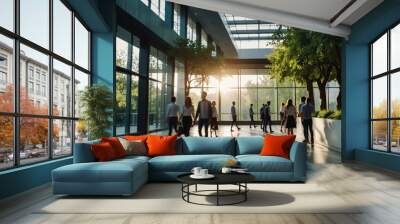 Blurred background of people walking in a modern office building with green trees and sunlight , eco friendly and ecological responsible business concept Wall mural