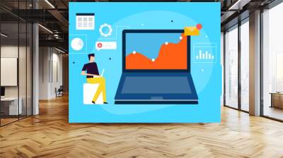 A businessman with laptop use data analytics to gain insights into customer behaviour, market trends, and operational efficiency. Vector illustration conceptual abstract background. Wall mural