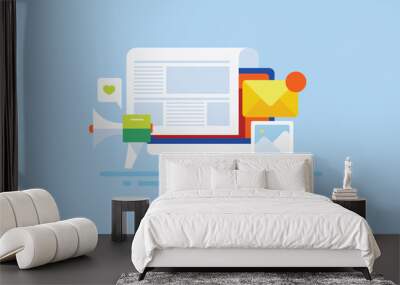 Blog post article on pc screen, sending newly publish content to subscribers via email, posting content on social media digital content marketing advertising vector banner.  Wall mural