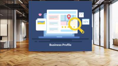 Business profile on search engine page, local business and service information, customer review on laptop screen, local SEO optimization concept. Vector illustration. Wall mural