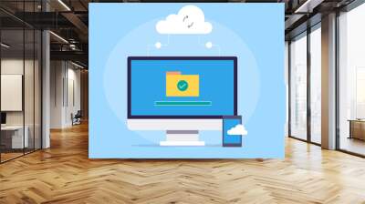 Cloud computing technology, uploading file documents online cloud storage server space, mobile and computer cloud sync concept, Vector illustration banner. Wall mural