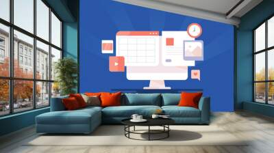 Content calendar planning, social media post schedule software user interface on computer screen, vector illustration web banner. Wall mural