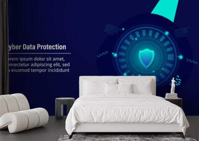 Data protection, cyber security, secured information and network communication, with shield, blue backgrund web banner, futuristic design concept. Wall mural