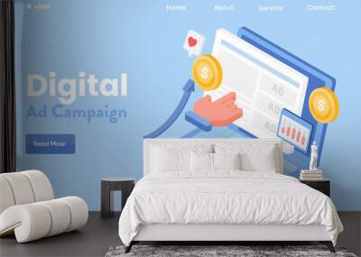 Digital ads, social media advertising campaign, paid media marketing  on laptop screen, 3d illustration flat design web banner template. Wall mural