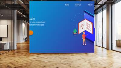 Digital learning, online library, man reading ebook on mobile phone screen, 3d isometric design concept with character. Web banner template. Wall mural