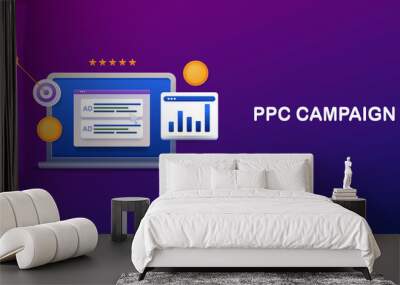 PPC campaign management, search engine marketing advertising concept. search ads on web page, targeting online audience with paid media strategy, 3d style illustration, banner. Wall mural