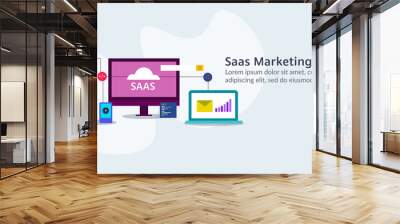 Saas marketing software - web technology and communication cloud system. Flat design vector illustration web banner. Wall mural