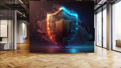 Shield protecting online data, cyber security digital information technology concept. Generative ai. Wall mural