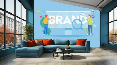 Two businessmen or partner building brand on internet. Brand marketing and promotion concept. Flat design web vector illustration. Wall mural