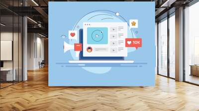 Video content on online social media website displaying on laptop screen, engaging internet audience and increase interaction, vector illustration filled outline banner. Wall mural