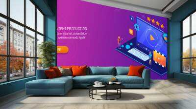 Video production, digital content creation, internet marketing, social media promotion concept with character. 3d isometric web banner template. Wall mural