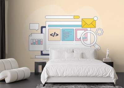 Web development onsite coding programming for search engine optimization, Website seo, web page on laptop screen, analytics and email concept, filled outline vector banner illustration. Wall mural