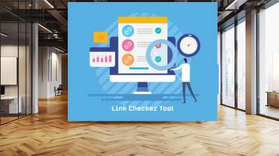 Website link checker software, seo specialist analysing broken url marketing technology concept, vector banner. Wall mural