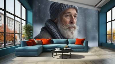 Elderly man with white beard in knit hat and scarf, sitting in snowy forest, looking contemplative Wall mural