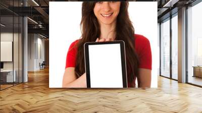 Beautiful young business woman showing tablet with screen for co Wall mural