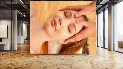 Beautiful young woman having a face massage in spa salon - wellness Wall mural