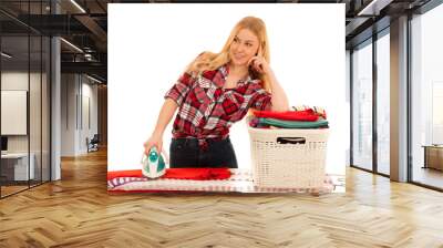 beautiful young woman ironing isolated over white Wall mural