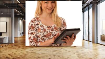 Cute blond woman with tablet computer isolated over white backgr Wall mural