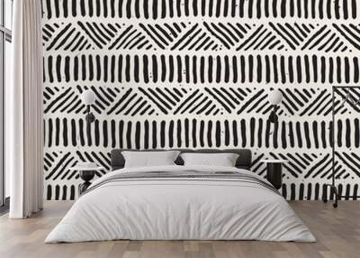 Seamless geometric doodle lines pattern in black and white. Adstract hand drawn retro texture. Wall mural