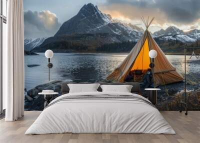 A nature photography expedition in the wilds of Alaska, with bohostyle camping setups for nightly stops Wall mural