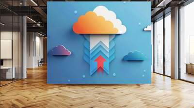 Abstract cloud computing concept with upward arrow and modern gradient art, symbolizing data upload and digital technology. Wall mural