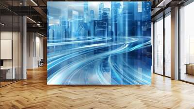 Abstract futuristic business landscape with transparent data streams flowing over a cityscape, representing the role of technology in driving business growth Wall mural