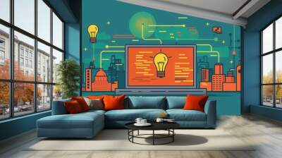 Abstract illustration of computer screen with light bulbs, circuit lines, and cityscape, representing innovation and technology connection. Wall mural