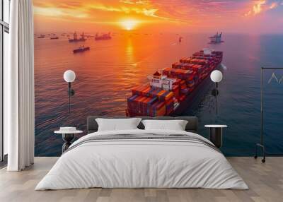 Aerial view of a cargo ship navigating at sea during sunset, surrounded by other vessels under a vibrant sky. Wall mural