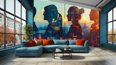 Business team silhouette against cityscape background with graphs overlays, representing teamwork and financial growth concepts. Wall mural