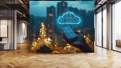 Cloud connection in modern communication close up, focus on, copy space sleek and dynamic, Double exposure silhouette with smartphone Wall mural