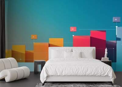 Colorful 3D bar graph chart illustration against a gradient background, depicting data analysis and business growth trends. Wall mural