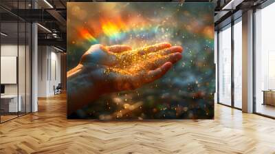 Colorful glitter rainbows on hand. Sunshine and Rainbows in a reality where a spell to make everyone happy works Wall mural