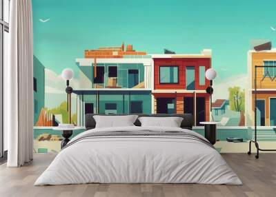 Colorful illustrated row of houses under construction, with a clear sky and a bright sunny day in the background. Wall mural