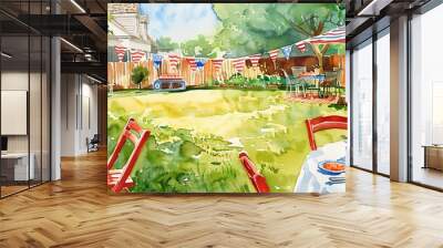 Family barbecue in the backyard, watercolor, festive red, white, and blue decorations Wall mural