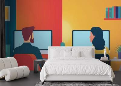 Illustration of two people working on computers at a shared desk, separated by color backgrounds, depicting collaboration and workspace division. Wall mural