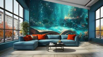 Magical underwater scene with an open ancient book illuminated by light beams, surrounded by mystical aquatic flora and fairy tale vibes. Wall mural