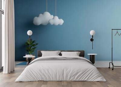 Minimalist room with blue walls, a cushion, plant, and cloud-shaped lights. Perfect setting for meditation or relaxation. Wall mural