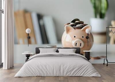 Piggy bank filled with coins, financial planning, Watercolor style Wall mural