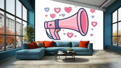 Pink megaphone with heart icons, social media marketing, flat design illustration Wall mural