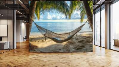 A hammock tied between two palm trees on a peaceful island, overlooking the calm ocean and the horizon in the distance. Wall mural